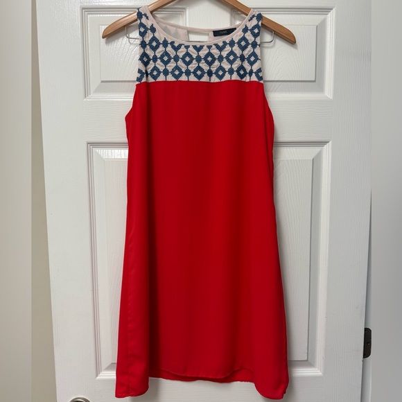 THML Women’s Orange Red Keyhole Halter Blue Embroidered Shift Dress Size M - Picture 1 of 11